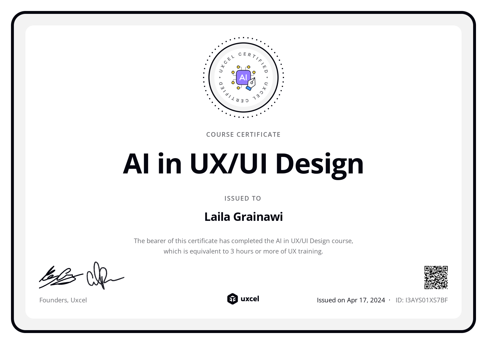 Laila Grainawi's certificate